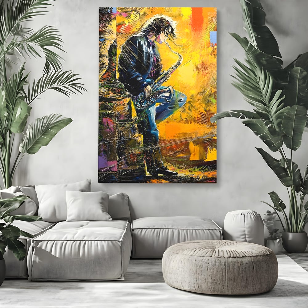 Tablou canvas cu tablou canvas cu muzician cantand la saxofon, fara rama, pe sasiu de lemn, pe perete intr-un living